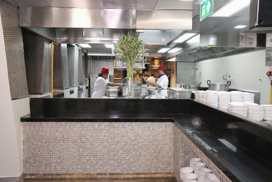 The kitchen area of the staff cafeteria
