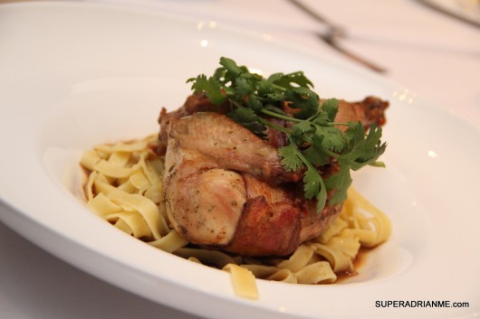 Cotton Bleu: Roasted Spring Chicken in Beer and Juniper Berries, on a bed of Tagliatelle