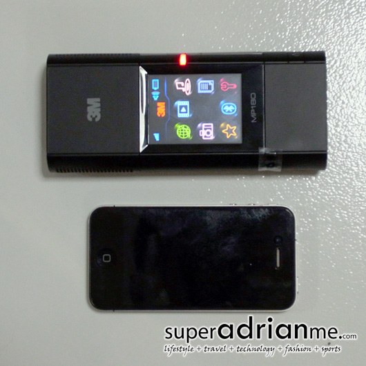 3M MP180 size comparison with iPhone 4 top view