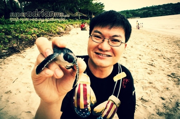 Adrian eugene Seet releasing turtle at Intercontinental Bali