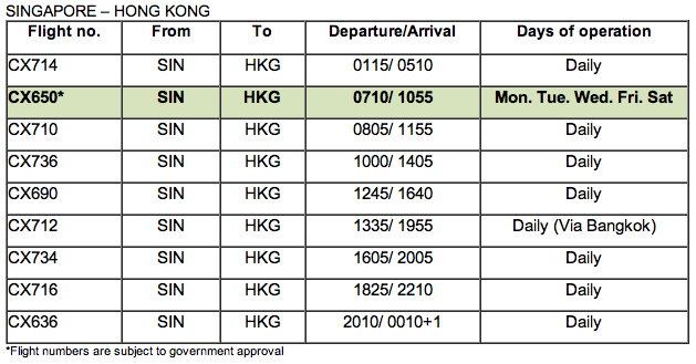 Cathay Pacific Flight Schedule from Singapore to Hong Kong 26 March 2012