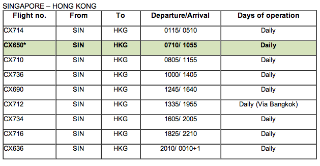 Cathay Pacific Singapore Hong Kong Filght Schedule - 1 May 2012