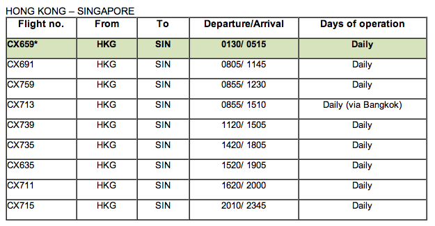 Cathay Pacific Hong Kong Singapore Filght Schedule - 1 May 2012