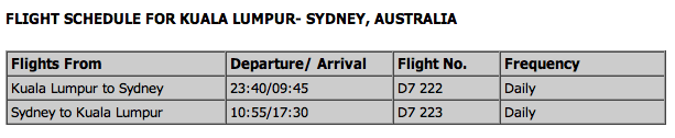 AirAsia X KUL-SYD flight schedule