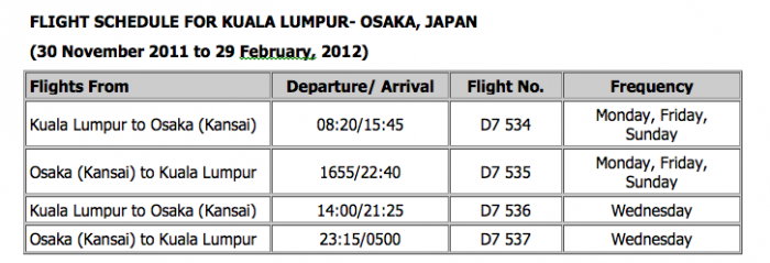 AirAsia X Kuala Lumpur - Osaka Route Schedules