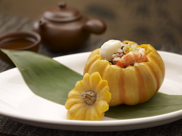 Peach Blossoms : Stir-fried Multigrain Rice with Seafood served in Pumpkin