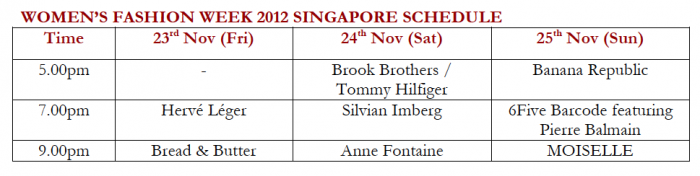 Women's Fashion Week 2012 Singapore - Schedule