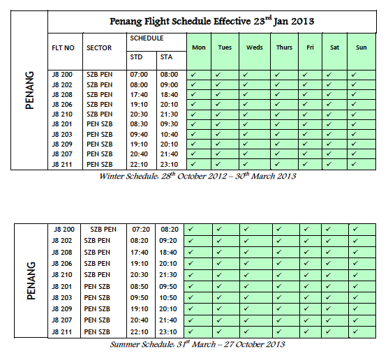 Berjaya Air - Subang - Penang - Subang flight schedules