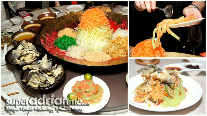 Prosperity Salmon Yusheng served with Emerald Green Pea Strips