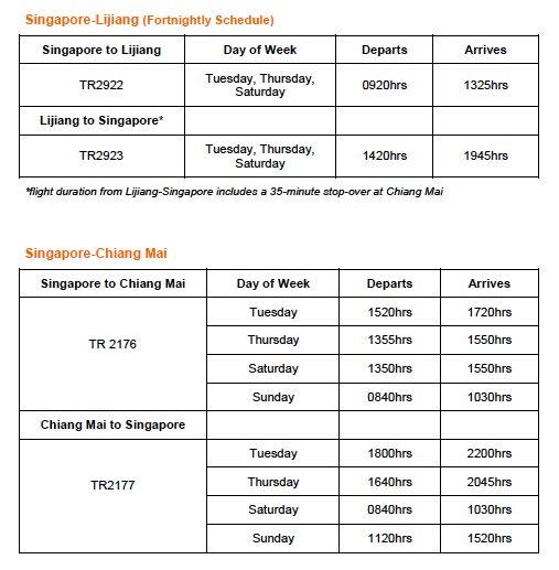 tigerair lijiang chiangmai flight schedule